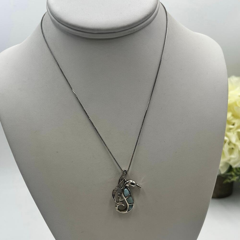 Blue Larimar and CZ Sterling Silver‎ Seahorse Sea Life Caribbean Blue Necklace